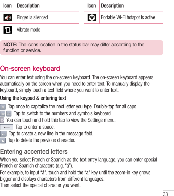 33Icon Description Icon DescriptionRinger is silenced Portable Wi-Fi hotspot is activeVibrate modeNOTE: The icons location in the status bar may differ according to the function or service.On-screen keyboardYou can enter text using the on-screen keyboard. The on-screen keyboard appears automatically on the screen when you need to enter text. To manually display the keyboard, simply touch a text field where you want to enter text.Using the keypad &amp; entering text  Tap once to capitalize the next letter you type. Double-tap for all caps.    Tap to switch to the numbers and symbols keyboard.  You can touch and hold this tab to view the Settings menu.  Tap to enter a space.  Tap to create a new line in the message field.  Tap to delete the previous character.Entering accented lettersWhen you select French or Spanish as the text entry language, you can enter special French or Spanish characters (e.g. “á”).For example, to input “á”, touch and hold the “a” key until the zoom-in key grows bigger and displays characters from different languages.  Then select the special character you want.