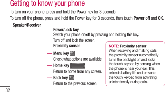 32To turn on your phone, press and hold the Power key for 3 seconds.To turn off the phone, press and hold the Power key for 3 seconds, then touch Power off and OK.Menu key Check what options are available.Home key Return to home from any screen.Back key Return to the previous screen.Speaker/ReceiverPower/Lock keySwitch your phone on/off by pressing and holding this key.Turn off and lock the screen.Proximity sensorGetting to know your phoneNOTE: Proximity sensor  When receiving and making calls, the proximity sensor automatically turns the backlight off and locks the touch keypad by sensing when the phone is near your ear. This extends battery life and prevents the touch keypad from activating unintentionally during calls.