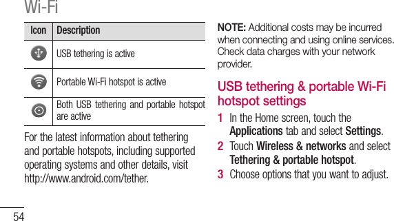 54IconDescriptionUSB tethering is activePortable Wi-Fi hotspot is activeBoth  USB  tethering and portable hotspot are activeFor the latest information about tethering and portable hotspots, including supported operating systems and other details, visit http://www.android.com/tether.NOTE: Additional costs may be incurred when connecting and using online services. Check data charges with your network provider.USB tethering &amp; portable Wi-Fi hotspot settingsIn the Home screen, touch the Applications tab and select Settings.Touch Wireless &amp; networks and select Tethering &amp; portable hotspot.Choose options that you want to adjust.1 2 3 Wi-Fi