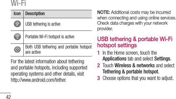 42IconDescriptionUSB tethering is activePortable Wi-Fi hotspot is activeBoth USB tethering and portable hotspot are activeFor the latest information about tethering and portable hotspots, including supported operating systems and other details, visit http://www.android.com/tether.NOTE: Additional costs may be incurred when connecting and using online services. Check data charges with your network provider.USB tethering &amp; portable Wi-Fi hotspot settingsIn the Home screen, touch the Applications tab and select Settings.Touch Wireless &amp; networks and select Tethering &amp; portable hotspot.Choose options that you want to adjust.1 2 3 Wi-Fi