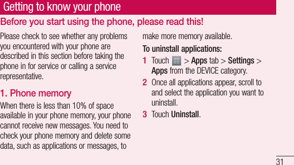 31so ble id s Please check to see whether any problems you encountered with your phone are described in this section before taking the phone in for service or calling a service representative.1. Phone memory When there is less than 10% of space available in your phone memory, your phone cannot receive new messages. You need to check your phone memory and delete some data, such as applications or messages, to make more memory available.To uninstall applications:Touch   &gt; Apps tab &gt; Settings &gt; Apps from the DEVICE category.Once all applications appear, scroll to and select the application you want to uninstall.Touch Uninstall.1 2 3 Getting to know your phoneBefore you start using the phone, please read this!