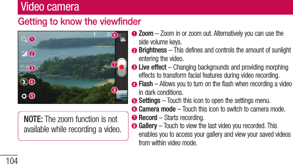 104Video cameraGetting to know the viewfinder  Zoom – Zoom in or zoom out. Alternatively you can use the side volume keys.  Brightness – This defines and controls the amount of sunlight entering the video.   Live  effect – Changing backgrounds and providing morphing effects to transform facial features during video recording.   Flash – Allows you to turn on the flash when recording a video in dark conditions.   Settings – Touch this icon to open the settings menu.  Camera mode – Touch this icon to switch to camera mode.  Record – Starts recording.  Gallery – Touch to view the last video you recorded. This enables you to access your gallery and view your saved videos from within video mode.NOTE: The zoom function is not available while recording a video.ShA1 2 3 4 5 