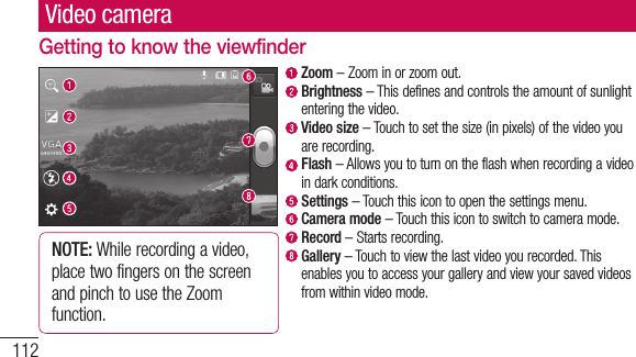 112Video cameraGetting to know the viewfinder  Zoom – Zoom in or zoom out.   Brightness – This defines and controls the amount of sunlight entering the video.   Video  size – Touch to set the size (in pixels) of the video you are recording.   Flash – Allows you to turn on the flash when recording a video in dark conditions.   Settings – Touch this icon to open the settings menu.  Camera mode – Touch this icon to switch to camera mode.  Record – Starts recording.  Gallery – Touch to view the last video you recorded. This enables you to access your gallery and view your saved videos from within video mode.NOTE: While recording a video, place two fingers on the screen and pinch to use the Zoom function.