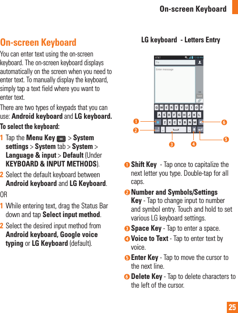 25On-screen KeyboardOn-screen KeyboardYou can enter text using the on-screen keyboard. The on-screen keyboard displays automatically on the screen when you need to enter text. To manually display the keyboard, simply tap a text field where you want to enter text.There are two types of keypads that you can use:Android keyboardandLG keyboard. To select the keyboard:1Tap the Menu Key &gt;System settings &gt; System tab &gt; System &gt; Language &amp; input &gt; Default (UnderKEYBOARD &amp; INPUT METHODS).2Select the default keyboard between Android keyboard and LG Keyboard.OR1While entering text, drag the Status Bar down and tap Select input method.2Select the desired input method from Android keyboard, Google voice typing or LG Keyboard (default).LG keyboard  - Letters EntryShift Key - Tap once to capitalize the next letter you type. Double-tap for all caps. Number and Symbols/Settings Key - Tap to change input to number and symbol entry. Touch and hold to set various LG keyboard settings. Space  Key - Tap to enter a space. Voice to Text - Tap to enter text by voice.  Enter  Key  - Tap to move the cursor to the next line. Delete  Key  - Tap to delete characters to the left of the cursor.