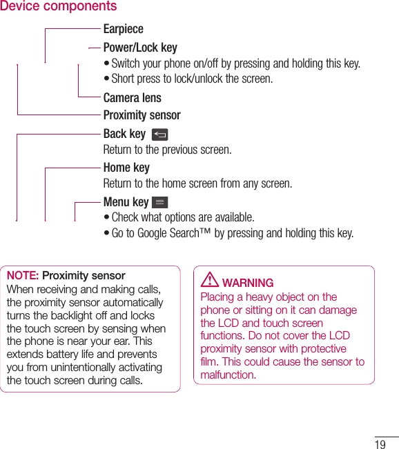 19Device componentsEarpieceCamera lensProximity sensorHome keyReturn to the home screen from any screen.Back key Return to the previous screen.Power/Lock keySwitch your phone on/off by pressing and holding this key.Short press to lock/unlock the screen.••Menu key Check what options are available.Go to Google Search™ by pressing and holding this key.••NOTE: Proximity sensor When receiving and making calls, the proximity sensor automatically turns the backlight off and locks the touch screen by sensing when the phone is near your ear. This extends battery life and prevents you from unintentionally activating the touch screen during calls. WARNINGPlacing a heavy object on the phone or sitting on it can damage the LCD and touch screen functions. Do not cover the LCD proximity sensor with protective film. This could cause the sensor to malfunction.