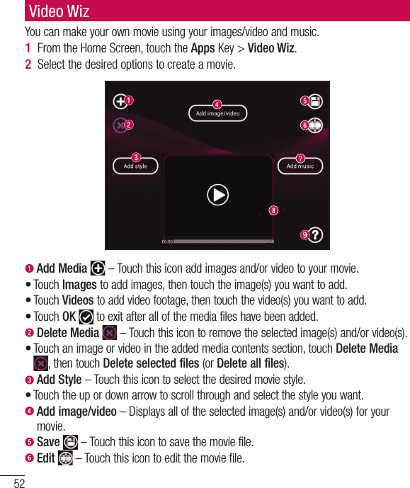 52You can make your own movie using your images/video and music.From the Home Screen, touch the Apps Key &gt; Video Wiz.Select the desired options to create a movie.1 2  Add Media   – Touch this icon add images and/or video to your movie.Touch Images to add images, then touch the image(s) you want to add.Touch Videos to add video footage, then touch the video(s) you want to add.Touch OK   to exit after all of the media files have been added.  Delete Media  – Touch this icon to remove the selected image(s) and/or video(s).Touch an image or video in the added media contents section, touch Delete Media , then touch Delete selected files (or Delete all files).  Add  Style – Touch this icon to select the desired movie style.Touch the up or down arrow to scroll through and select the style you want.   Add image/video – Displays all of the selected image(s) and/or video(s) for your movie.  Save   – Touch this icon to save the movie file.  Edit  – Touch this icon to edit the movie file.•••••Video Wiz