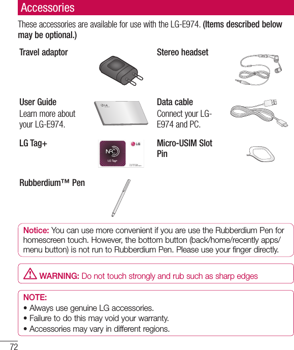 72These accessories are available for use with the LG-E974. (Items described below may be optional.)Travel adaptor Stereo headsetUser GuideLearn more about your LG-E974.Data cableConnect your LG-E974 and PC.LG Tag+ Micro-USIM Slot PinRubberdium™ PenNotice: You can use more convenient if you are use the Rubberdium Pen for homescreen touch. However, the bottom button (back/home/recently apps/menu button) is not run to Rubberdium Pen. Please use your finger directly. WARNING: Do not touch strongly and rub such as sharp edgesNOTE: •  Always use genuine LG accessories. •  Failure to do this may void your warranty.•  Accessories may vary in different regions.Accessories