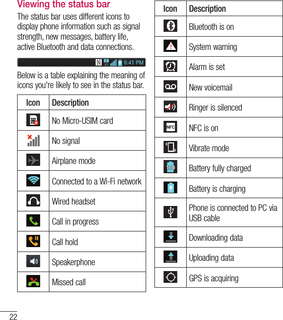 22Viewing the status barThe status bar uses different icons to display phone information such as signal strength, new messages, battery life, active Bluetooth and data connections.Below is a table explaining the meaning of icons you&apos;re likely to see in the status bar.Icon DescriptionNo Micro-USIM cardNo signalAirplane modeConnected to a Wi-Fi networkWired headsetCall in progressCall holdSpeakerphoneMissed callIcon DescriptionBluetooth is onSystem warningAlarm is setNew voicemailRinger is silencedNFC is onVibrate modeBattery fully chargedBattery is chargingPhone is connected to PC via USB cableDownloading dataUploading dataGPS is acquiringYour Home screen
