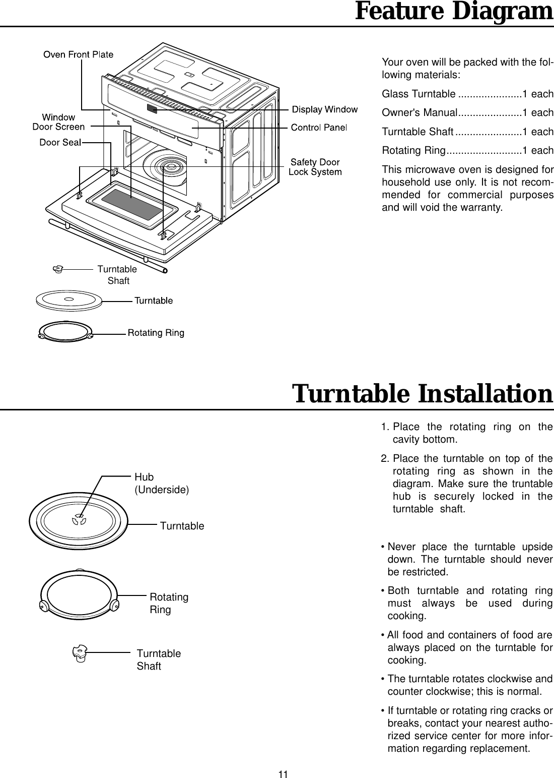 11Feature DiagramYour oven will be packed with the fol-lowing materials:Glass Turntable ......................1 eachOwner&apos;s Manual......................1 eachTurntable Shaft .......................1 eachRotating Ring..........................1 eachThis microwave oven is designed forhousehold use only. It is not recom-mended for commercial purposesand will void the warranty.Turntable ShaftTurntableRotatingRingHub(Underside)Turntable ShaftTurntable Installation1. Place the rotating ring on the cavity bottom.2. Place the turntable on top of therotating ring as shown in the diagram. Make sure the truntablehub is securely locked in theturntable  shaft.• Never place the turntable upsidedown. The turntable should neverbe restricted.• Both turntable and rotating ringmust always be used during cooking.• All food and containers of food arealways placed on the turntable forcooking. • The turntable rotates clockwise andcounter clockwise; this is normal.• If turntable or rotating ring cracks orbreaks, contact your nearest autho-rized service center for more infor-mation regarding replacement.