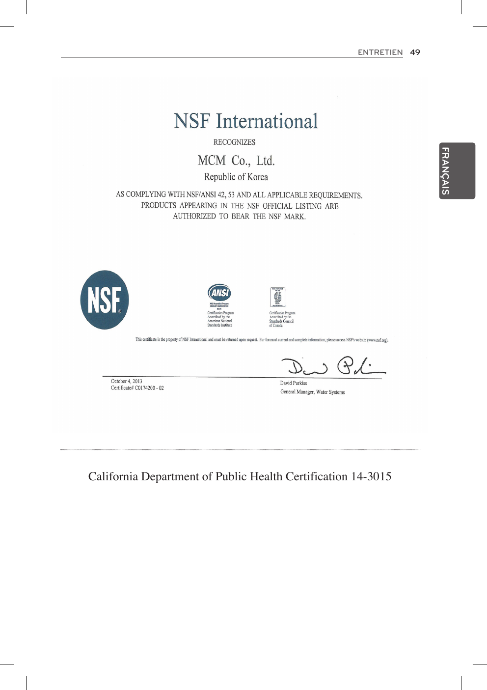 49ENTRETIENFRANÇAISCalifornia Department of Public Health Certification 14-3015