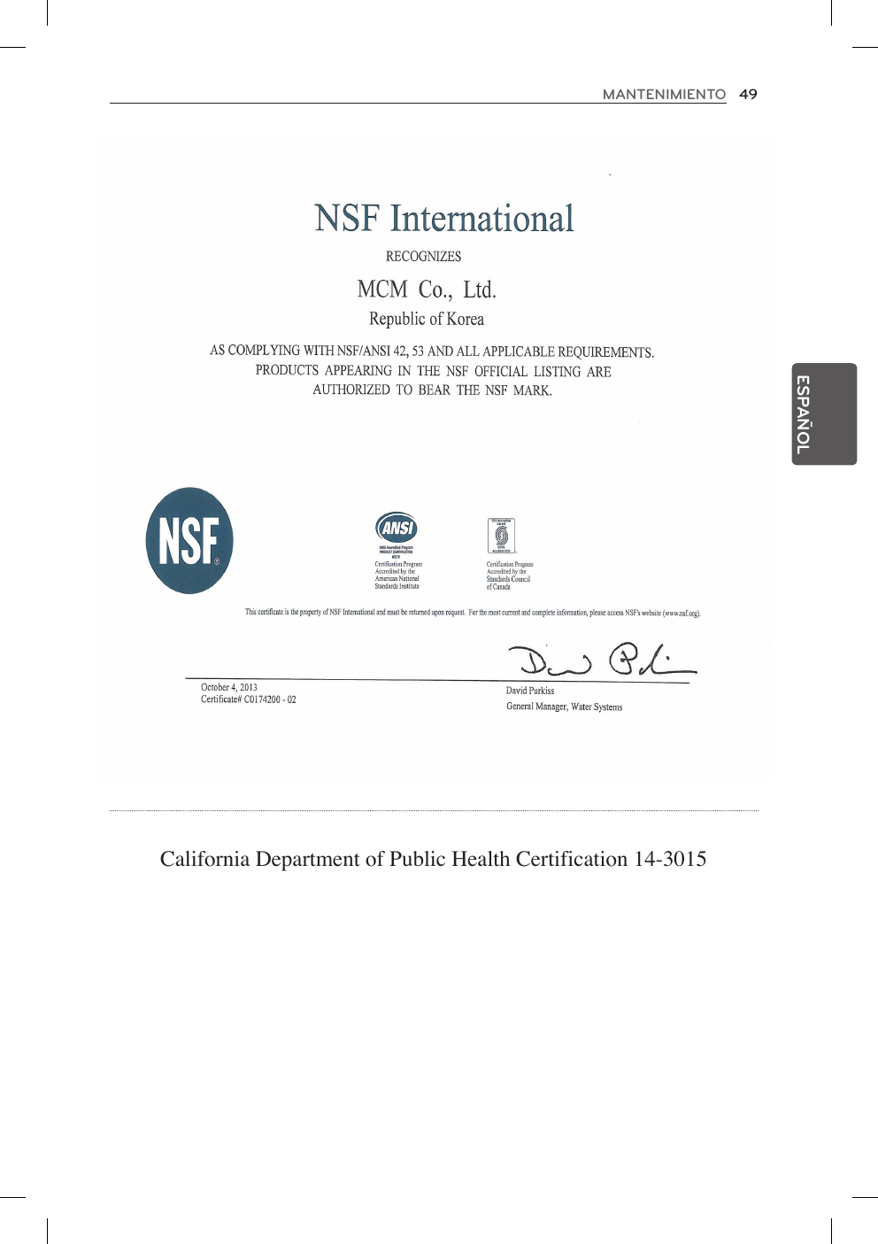 49MANTENIMIENTOESPAÑOLCalifornia Department of Public Health Certification 14-3015