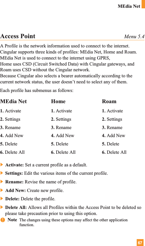 67MEdia NetAccess Point Menu 5.4A Profile is the network information used to connect to the internet.Cingular supports three kinds of profiles: MEdia Net, Home and Roam.MEdia Net is used to connect to the internet using GPRS, Home uses CSD (Circuit Switched Data) with Cingular gateways, andRoam uses CSD without the Cingular network.Because Cingular also selects a bearer automatically according to thecurrent network status, the user doesn’t need to select any of them.Each profile has submenus as follows:] Activate: Set a current profile as a default.] Settings: Edit the various items of the current profile.] Rename: Revise the name of profile.] Add New: Create new profile.] Delete: Delete the profile.] Delete All: Allows all Profiles within the Access Point to be deleted soplease take precaution prior to using this option.nnNote  The changes using these options may affect the other applicationfunction.MEdia Net1. Activate2. Settings3. Rename4. Add New5. Delete6. Delete AllHome1. Activate2. Settings3. Rename4. Add New5. Delete6. Delete AllRoam1. Activate2. Settings3. Rename4. Add New5. Delete6. Delete All
