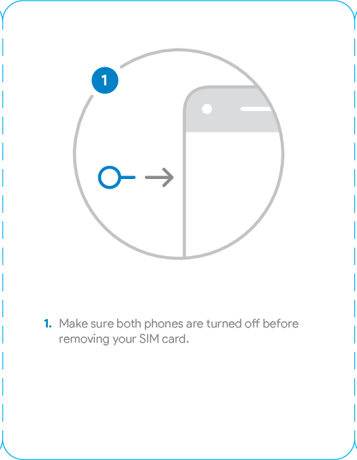 Activate your new PixelIf you haven’t already activated your phone with your carrier, you’ll need to put your old SIM card into your new Pixel. Follow these steps to learn how. You can nd the SIM tool in your Pixel box.For iPhone® users, turn o iMessage® on your old phone before following the steps so you can get your text messages on your Pixel. For help, visit g.co/imessagehelp1. Make sure both phones are turned o before removing your SIM card. 2. Inse the SIM tool into the small hole on your Pixel to eject the SIM card tray. Press rmly until the tray pops out. Do the same thing on your old phone to eject the tray. 3.  Remove the SIM card from your old phone and place it into the SIM tray on your new phone.Gently push the tray in until it clicks into place.4.  Press and hold the power buon for 5 seconds to turn on your Pixel. You’re now connected to your network and can sta using your new Pixel.Inside the boxPixel EarbudsUSB-C cablePower adapterQuick SwitchAdapterEarbud adapterSIM tool
