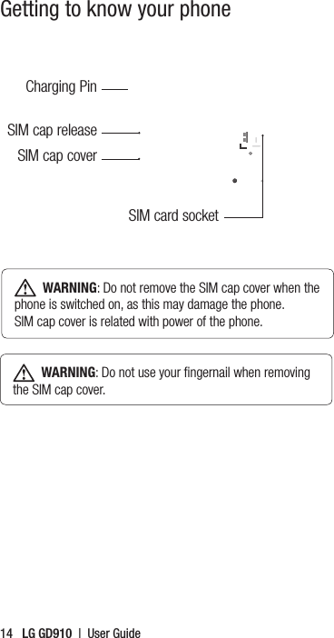 14   LG GD910  |  User GuideGetting to know your phoneCharging PinSIM cap release SIM cap coverSIM card socket  WARNING: Do not remove the SIM cap cover when the phone is switched on, as this may damage the phone.  SIM cap cover is related with power of the phone.    WARNING: Do not use your ﬁngernail when removing the SIM cap cover.