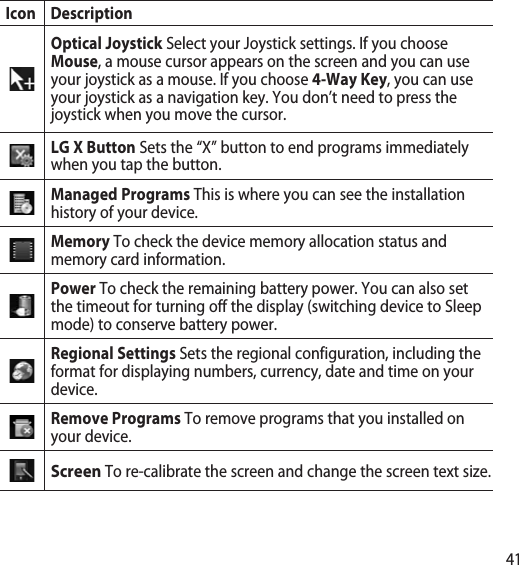 41Icon DescriptionOptical Joystick Select your Joystick settings. If you choose Mouse, a mouse cursor appears on the screen and you can use your joystick as a mouse. If you choose 4-Way Key, you can use your joystick as a navigation key. You don’t need to press the joystick when you move the cursor.LG X Button Sets the “X” button to end programs immediately when you tap the button.Managed Programs This is where you can see the installation history of your device. Memory To check the device memory allocation status and memory card information. Power To check the remaining battery power. You can also set the timeout for turning off the display (switching device to Sleep mode) to conserve battery power.Regional Settings Sets the regional configuration, including the format for displaying numbers, currency, date and time on your device.Remove Programs To remove programs that you installed on your device.Screen To re-calibrate the screen and change the screen text size.