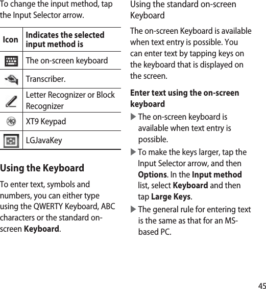 45To change the input method, tap the Input Selector arrow.Icon Indicates the selected input method is The on-screen keyboard Transcriber.Letter Recognizer or Block Recognizer XT9 KeypadLGJavaKeyUsing the KeyboardTo enter text, symbols and numbers, you can either type using the QWERTY Keyboard, ABC characters or the standard on-screen Keyboard.  Using the standard on-screen Keyboard The on-screen Keyboard is available when text entry is possible. You can enter text by tapping keys on the keyboard that is displayed on the screen. Enter text using the on-screen keyboard   The on-screen keyboard is available when text entry is possible.    To make the keys larger, tap the Input Selector arrow, and then Options. In the Input method list, select Keyboard and then tap Large Keys.    The general rule for entering text is the same as that for an MS-based PC.