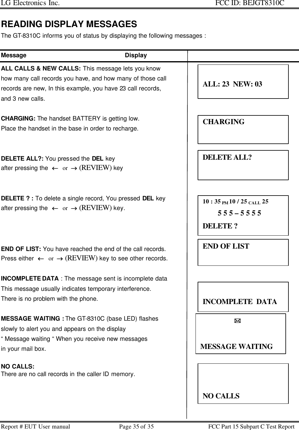 LG Electronics Inc.                                                                                                   FCC ID: BEJGT8310C Report # EUT User manual Page 35 of 35 FCC Part 15 Subpart C Test Report   READING DISPLAY MESSAGES The GT-8310C informs you of status by displaying the following messages :  Message                                                    Display ALL CALLS &amp; NEW CALLS: This message lets you know  how many call records you have, and how many of those call  records are new, In this example, you have 23 call records,  and 3 new calls.   CHARGING: The handset BATTERY is getting low.  Place the handset in the base in order to recharge.                        DELETE ALL?: You pressed the DEL key after pressing the  ←←  or  →→ (REVIEW) key     DELETE ? : To delete a single record, You pressed DEL key after pressing the  ←←  or  →→ (REVIEW) key.       END OF LIST: You have reached the end of the call records.  Press either  ←←  or  →→ (REVIEW) key to see other records.                                    INCOMPLETE DATA : The message sent is incomplete data This message usually indicates temporary interference.  There is no problem with the phone.   MESSAGE WAITING : The GT-8310C (base LED) flashes  slowly to alert you and appears on the display  “ Message waiting “ When you receive new messages  in your mail box.   NO CALLS:  There are no call records in the caller ID memory.                              ALL: 23  NEW: 03  CHARGING  DELETE ALL?  END OF LIST   INCOMPLETE  DATA                   ))  MESSAGE WAITING 10 : 35 PM 10 / 25 CALL 25         5 5 5 – 5 5 5 5 DELETE ?   NO CALLS 