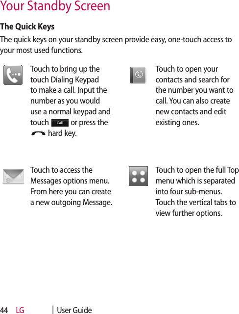 LG    |  User Guide44The Quick KeysThe quick keys on your standby screen provide easy, one-touch access to your most used functions.Touch to bring up the touch Dialing Keypad to make a call. Input the number as you would use a normal keypad and touch   or press the  hard key.Touch to open your contacts and search for the number you want to call. You can also create new contacts and edit existing ones. Touch to access the Messages options menu. From here you can create a new outgoing Message.Touch to open the full Top menu which is separated into four sub-menus. Touch the vertical tabs to view further options.Your Standby Screen