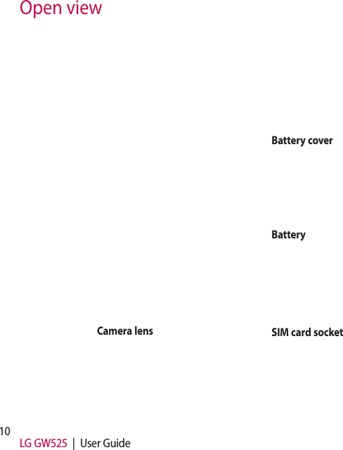 10 LG GW525  |  User GuideOpen viewBattery SIM card socketCamera lensBattery cover