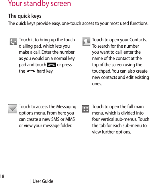 18   |  User GuideYour standby screenThe quick keysThe quick keys provide easy, one-touch access to your most used functions.Touch it to bring up the touch dialling pad, which lets you make a call. Enter the number as you would on a normal key pad and touch   or press the   hard key. Touch to open your Contacts. To search for the number you want to call, enter the name of the contact at the top of the screen using the touchpad. You can also create new contacts and edit existing ones. Touch to access the Messaging options menu. From here you can create a new SMS or MMS or view your message folder. Touch to open the full main menu, which is divided into four vertical sub-menus. Touch the tab for each sub-menu to view further options.