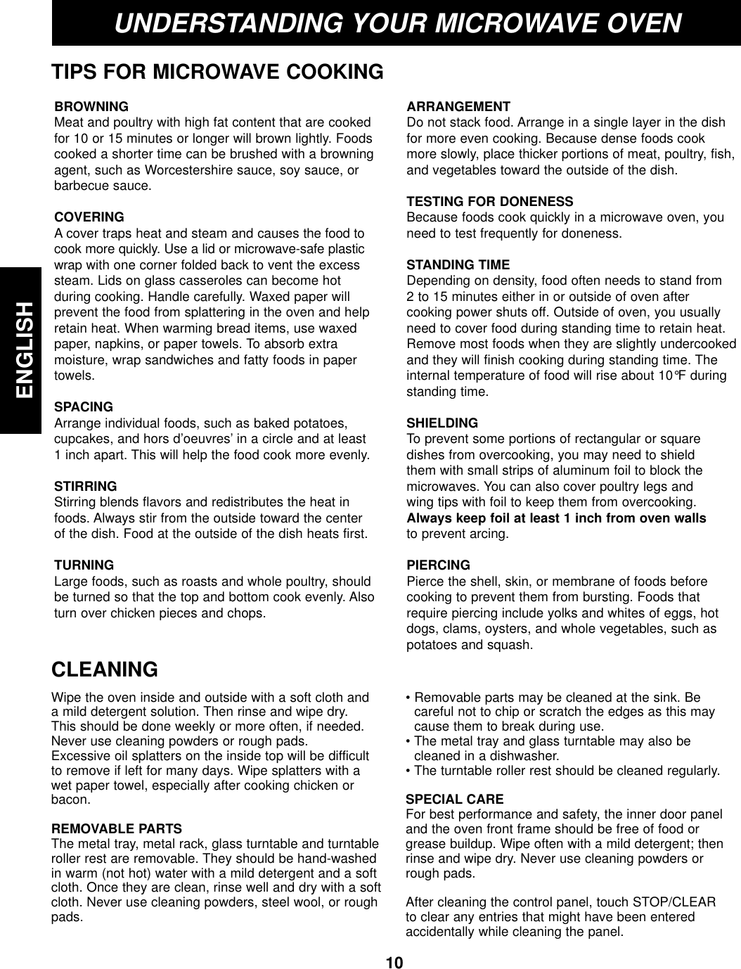 10ENGLISHUNDERSTANDING YOUR MICROWAVE OVENTIPS FOR MICROWAVE COOKINGBROWNINGMeat and poultry with high fat content that are cookedfor 10 or 15 minutes or longer will brown lightly. Foodscooked a shorter time can be brushed with a browningagent, such as Worcestershire sauce, soy sauce, orbarbecue sauce.COVERING A cover traps heat and steam and causes the food tocook more quickly. Use a lid or microwave-safe plasticwrap with one corner folded back to vent the excesssteam. Lids on glass casseroles can become hot during cooking. Handle carefully. Waxed paper will prevent the food from splattering in the oven and helpretain heat. When warming bread items, use waxedpaper, napkins, or paper towels. To absorb extra moisture, wrap sandwiches and fatty foods in papertowels.SPACINGArrange individual foods, such as baked potatoes, cupcakes, and hors d’oeuvres’ in a circle and at least 1 inch apart. This will help the food cook more evenly.STIRRING Stirring blends flavors and redistributes the heat infoods. Always stir from the outside toward the center of the dish. Food at the outside of the dish heats first.TURNINGLarge foods, such as roasts and whole poultry, shouldbe turned so that the top and bottom cook evenly. Alsoturn over chicken pieces and chops.ARRANGEMENTDo not stack food. Arrange in a single layer in the dishfor more even cooking. Because dense foods cookmore slowly, place thicker portions of meat, poultry, fish,and vegetables toward the outside of the dish.TESTING FOR DONENESS Because foods cook quickly in a microwave oven, youneed to test frequently for doneness.STANDING TIME Depending on density, food often needs to stand from 2 to 15 minutes either in or outside of oven aftercooking power shuts off. Outside of oven, you usuallyneed to cover food during standing time to retain heat.Remove most foods when they are slightly undercookedand they will finish cooking during standing time. Theinternal temperature of food will rise about 10°F duringstanding time.SHIELDING To prevent some portions of rectangular or squaredishes from overcooking, you may need to shield them with small strips of aluminum foil to block themicrowaves. You can also cover poultry legs and wing tips with foil to keep them from overcooking.Always keep foil at least 1 inch from oven wallsto prevent arcing.PIERCING Pierce the shell, skin, or membrane of foods beforecooking to prevent them from bursting. Foods thatrequire piercing include yolks and whites of eggs, hotdogs, clams, oysters, and whole vegetables, such aspotatoes and squash.CLEANINGWipe the oven inside and outside with a soft cloth anda mild detergent solution. Then rinse and wipe dry.This should be done weekly or more often, if needed.Never use cleaning powders or rough pads.Excessive oil splatters on the inside top will be difficultto remove if left for many days. Wipe splatters with awet paper towel, especially after cooking chicken orbacon.REMOVABLE PARTSThe metal tray, metal rack, glass turntable and turntableroller rest are removable. They should be hand-washedin warm (not hot) water with a mild detergent and a softcloth. Once they are clean, rinse well and dry with a softcloth. Never use cleaning powders, steel wool, or roughpads.• Removable parts may be cleaned at the sink. Becareful not to chip or scratch the edges as this maycause them to break during use.• The metal tray and glass turntable may also becleaned in a dishwasher.• The turntable roller rest should be cleaned regularly.SPECIAL CAREFor best performance and safety, the inner door paneland the oven front frame should be free of food orgrease buildup. Wipe often with a mild detergent; thenrinse and wipe dry. Never use cleaning powders orrough pads.After cleaning the control panel, touch STOP/CLEARto clear any entries that might have been enteredaccidentally while cleaning the panel.
