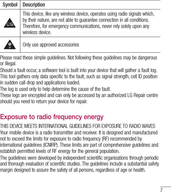 7Symbol DescriptionThis device, like any wireless device, operates using radio signals which, by their nature, are not able to guarantee connection in all conditions. Therefore, for emergency communications, never rely solely upon any wireless device.Only use approved accessoriesPlease read these simple guidelines. Not following these guidelines may be dangerous or illegal.Should a fault occur, a software tool is built into your device that will gather a fault log. This tool gathers only data specific to the fault, such as signal strength, cell ID position in sudden call drop and applications loaded.The log is used only to help determine the cause of the fault.These logs are encrypted and can only be accessed by an authorized LG Repair centre should you need to return your device for repair.Exposure to radio frequency energyTHIS DEVICE MEETS INTERNATIONAL GUIDELINES FOR EXPOSURE TO RADIO WAVESYour mobile device is a radio transmitter and receiver. It is designed and manufactured not to exceed the limits for exposure to radio frequency (RF) recommended by international guidelines (ICNIRP). These limits are part of comprehensive guidelines and establish permitted levels of RF energy for the general population.The guidelines were developed by independent scientific organisations through periodic and thorough evaluation of scientific studies. The guidelines include a substantial safety margin designed to assure the safety of all persons, regardless of age or health.
