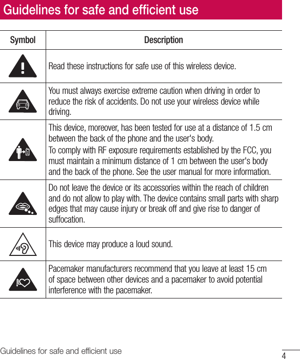 4Guidelines for safe and efficient useSymbol DescriptionRead these instructions for safe use of this wireless device.You must always exercise extreme caution when driving in order to reduce the risk of accidents. Do not use your wireless device while driving.This device, moreover, has been tested for use at a distance of 1.5cm between the back of the phone and the user&apos;s body.To comply with RF exposure requirements established by the FCC, you must maintain a minimum distance of 1cm between the user&apos;s body and the back of the phone. See the user manual for more information.Do not leave the device or its accessories within the reach of children and do not allow to play with. The device contains small parts with sharp edges that may cause injury or break off and give rise to danger of suffocation.This device may produce a loud sound.Pacemaker manufacturers recommend that you leave at least 15cm of space between other devices and a pacemaker to avoid potential interference with the pacemaker.Guidelines for safe and efﬁ cient use