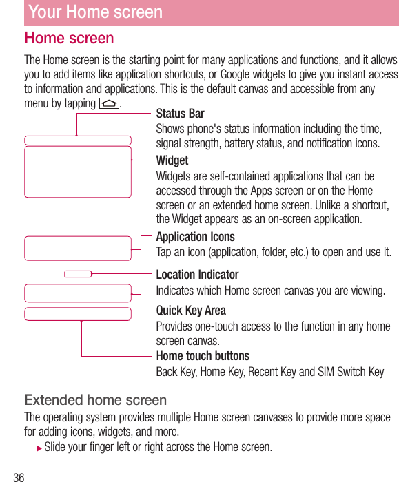 36Home screenThe Home screen is the starting point for many applications and functions, and it allows you to add items like application shortcuts, or Google widgets to give you instant access to information and applications. This is the default canvas and accessible from any menu by tapping  .Status BarShows phone&apos;s status information including the time, signal strength, battery status, and notification icons.WidgetWidgets are self-contained applications that can be accessed through the Apps screen or on the Home screen or an extended home screen. Unlike a shortcut, the Widget appears as an on-screen application.Application IconsTap an icon (application, folder, etc.) to open and use it.Location IndicatorIndicates which Home screen canvas you are viewing.Quick Key AreaProvides one-touch access to the function in any home screen canvas. Home touch buttonsBack Key, Home Key, Recent Key and SIM Switch Key Extended home screen  The operating system provides multiple Home screen canvases to provide more space for adding icons, widgets, and more. Slide your finger left or right across the Home screen. Your Home screen