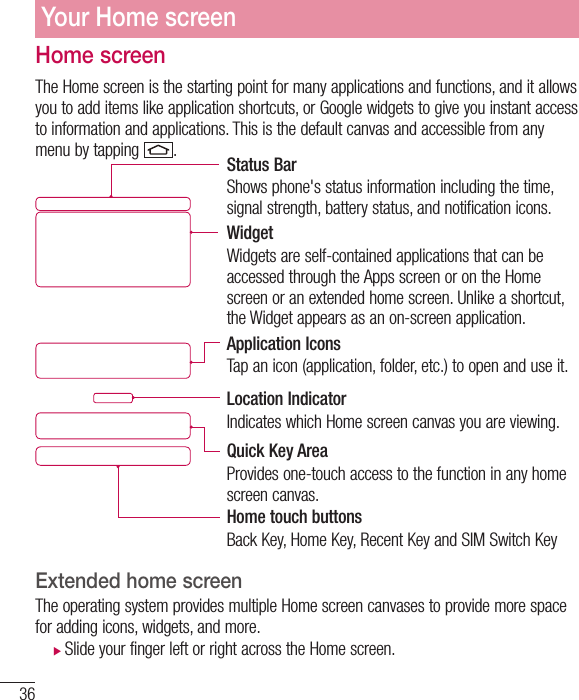 36Home screenThe Home screen is the starting point for many applications and functions, and it allows you to add items like application shortcuts, or Google widgets to give you instant access to information and applications. This is the default canvas and accessible from any menu by tapping  .Status BarShows phone&apos;s status information including the time, signal strength, battery status, and notification icons.WidgetWidgets are self-contained applications that can be accessed through the Apps screen or on the Home screen or an extended home screen. Unlike a shortcut, the Widget appears as an on-screen application.Application IconsTap an icon (application, folder, etc.) to open and use it.Location IndicatorIndicates which Home screen canvas you are viewing.Quick Key AreaProvides one-touch access to the function in any home screen canvas. Home touch buttonsBack Key, Home Key, Recent Key and SIM Switch Key Extended home screen  The operating system provides multiple Home screen canvases to provide more space for adding icons, widgets, and more. XSlide your finger left or right across the Home screen. Your Home screen