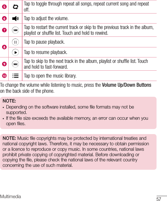 57MultimediaTaptotogglethroughrepeatallsongs,repeatcurrentsongandrepeatoff.Taptoadjustthevolume.Taptorestartthecurrenttrackorskiptotheprevioustrackinthealbum,playlistorshufflelist.Touchandholdtorewind.Taptopauseplayback.Taptoresumeplayback.Taptoskiptothenexttrackinthealbum,playlistorshufflelist.Touchandholdtofast-forward.Taptoopenthemusiclibrary.Tochangethevolumewhilelisteningtomusic,presstheVolume Up/Down Buttonsonthebacksideofthephone.NOTE:• Depending on the software installed, some file formats may not be supported.• If the file size exceeds the available memory, an error can occur when you open files.NOTE: Music file copyrights may be protected by international treaties and national copyright laws. Therefore, it may be necessary to obtain permission or a licence to reproduce or copy music. In some countries, national laws prohibit private copying of copyrighted material. Before downloading or copying the file, please check the national laws of the relevant country concerning the use of such material.