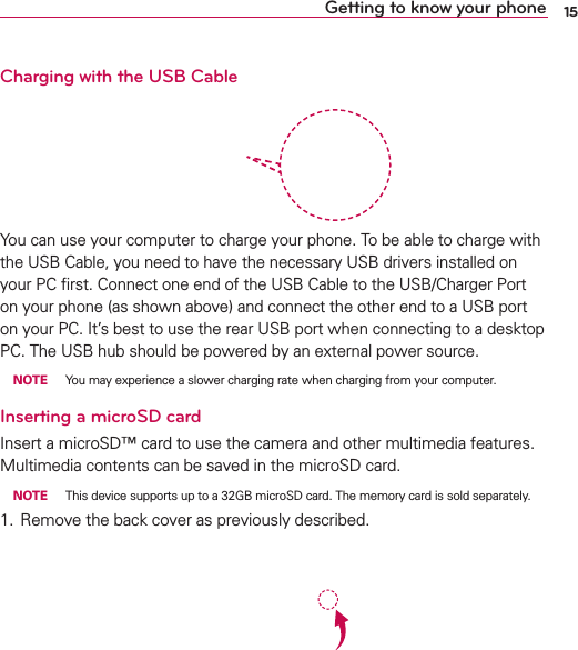 15Getting to know your phoneCharging with the USB CableYou can use your computer to charge your phone. To be able to charge with the USB Cable, you need to have the necessary USB drivers installed on your PC ﬁrst. Connect one end of the USB Cable to the USB/Charger Port on your phone (as shown above) and connect the other end to a USB port on your PC. It’s best to use the rear USB port when connecting to a desktop PC. The USB hub should be powered by an external power source. NOTE  You may experience a slower charging rate when charging from your computer.Inserting a microSD cardInsert a microSD™ card to use the camera and other multimedia features. Multimedia contents can be saved in the microSD card. NOTE  This device supports up to a 32GB microSD card. The memory card is sold separately.1.  Remove the back cover as previously described.