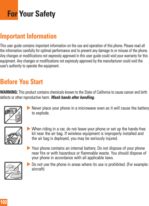 102For Your SafetyImportant InformationThis user guide contains important information on the use and operation of this phone. Please read all the information carefully for optimal performance and to prevent any damage to or misuse of the phone. Any changes or modifications not expressly approved in this user guide could void your warranty for this equipment. Any changes or modifications not expressly approved by the manufacturer could void the user’s authority to operate the equipment.Before You StartWARNING: This product contains chemicals known to the State of California to cause cancer and birth defects or other reproductive harm. Wash hands after handling.   Never place your phone in a microwave oven as it will cause the battery to explode.  When riding in a car, do not leave your phone or set up the hands-free kit near the air bag. If wireless equipment is improperly installed and the air bag is deployed, you may be seriously injured.  Your phone contains an internal battery. Do not dispose of your phone near fire or with hazardous or flammable waste. You should dispose of your phone in accordance with all applicable laws.  Do not use the phone in areas where its use is prohibited. (For example: aircraft)
