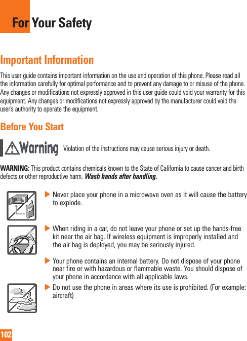 102For Your SafetyImportant InformationThisuserguidecontainsimportantinformationontheuseandoperationofthisphone.Pleasereadalltheinformationcarefullyforoptimalperformanceandtopreventanydamagetoormisuseofthephone.Anychangesormodificationsnotexpresslyapprovedinthisuserguidecouldvoidyourwarrantyforthisequipment.Anychangesormodificationsnotexpresslyapprovedbythemanufacturercouldvoidtheuser’sauthoritytooperatetheequipment.Before You StartViolationoftheinstructionsmaycauseseriousinjuryordeath.WARNING:ThisproductcontainschemicalsknowntotheStateofCaliforniatocausecancerandbirthdefectsorotherreproductiveharm.Wash hands after handling.XNeverplaceyourphoneinamicrowaveovenasitwillcausethebatterytoexplode.XWhenridinginacar,donotleaveyourphoneorsetupthehands-freekitneartheairbag.Ifwirelessequipmentisimproperlyinstalledandtheairbagisdeployed,youmaybeseriouslyinjured.XYourphonecontainsaninternalbattery.Donotdisposeofyourphonenearfireorwithhazardousorflammablewaste.Youshoulddisposeofyourphoneinaccordancewithallapplicablelaws.XDonotusethephoneinareaswhereitsuseisprohibited.(Forexample:aircraft)