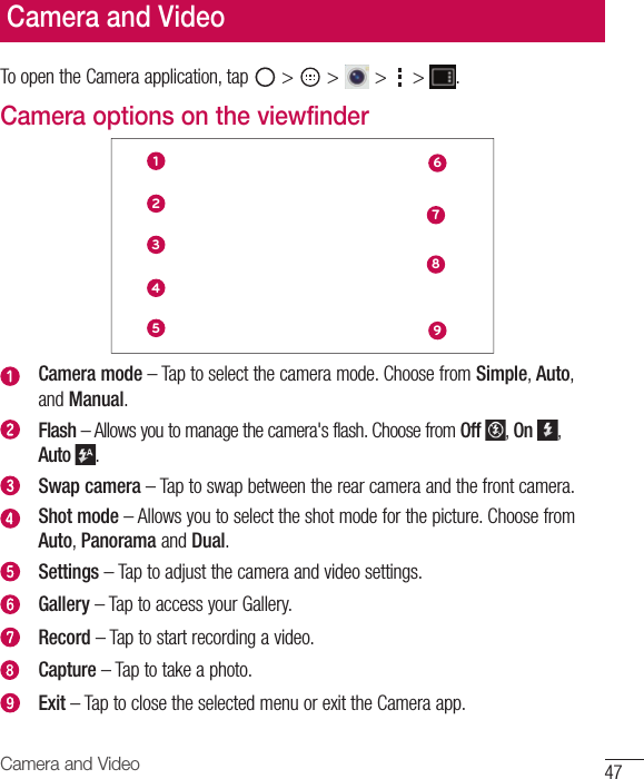47Camera and VideoToopentheCameraapplication,tap &gt;  &gt; &gt; &gt; .Camera options on the viewfinder169278345Camera mode–Taptoselectthecameramode.ChoosefromSimple,Auto,andManual.Flash–Allowsyoutomanagethecamera&apos;sflash.ChoosefromOff ,On ,Auto.Swap camera–Taptoswapbetweentherearcameraandthefrontcamera.Shot mode–Allowsyoutoselecttheshotmodeforthepicture.ChoosefromAuto,PanoramaandDual.Settings–Taptoadjustthecameraandvideosettings.Gallery–TaptoaccessyourGallery.Record–Taptostartrecordingavideo.Capture –Taptotakeaphoto.Exit –TaptoclosetheselectedmenuorexittheCameraapp.Camera and Video