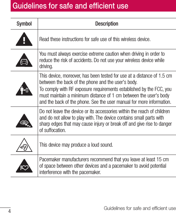 4Guidelines for safe and efficient useSymbol DescriptionRead these instructions for safe use of this wireless device.You must always exercise extreme caution when driving in order to reduce the risk of accidents. Do not use your wireless device while driving.This device, moreover, has been tested for use at a distance of 1.5cm between the back of the phone and the user&apos;s body.To comply with RF exposure requirements established by the FCC, you must maintain a minimum distance of 1cm between the user&apos;s body and the back of the phone. See the user manual for more information.Do not leave the device or its accessories within the reach of children and do not allow to play with. The device contains small parts with sharp edges that may cause injury or break off and give rise to danger of suffocation.This device may produce a loud sound.Pacemaker manufacturers recommend that you leave at least 15cm of space between other devices and a pacemaker to avoid potential interference with the pacemaker.Guidelines for safe and efﬁ cient use