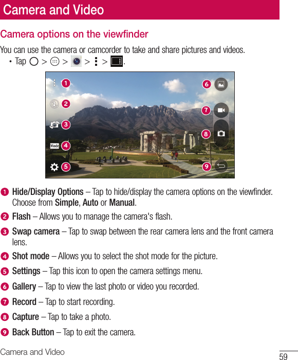 59Camera and VideoCamera options on the viewfinderYou can use the camera or camcorder to take and share pictures and videos.•  Tap   &gt;   &gt;   &gt;   &gt;  .169278345Hide/Display Options – Tap to hide/display the camera options on the viewfinder. Choose from Simple, Auto or Manual.Flash – Allows you to manage the camera&apos;s flash. Swap camera – Tap to swap between the rear camera lens and the front camera lens.Shot mode – Allows you to select the shot mode for the picture. Settings – Tap this icon to open the camera settings menu.Gallery – Tap to view the last photo or video you recorded.Record – Tap to start recording.Capture – Tap to take a photo.Back Button – Tap to exit the camera.Camera and Video
