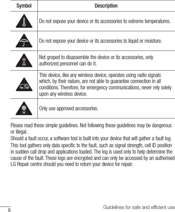 6Guidelines for safe and efficient useSymbol DescriptionDo not expose your device or its accessories to extreme temperatures.Do not expose your device or its accessories to liquid or moisture.Not groped to disassemble the device or its accessories, only authorized personnel can do it.This device, like any wireless device, operates using radio signals which, by their nature, are not able to guarantee connection in all conditions. Therefore, for emergency communications, never rely solely upon any wireless device.Only use approved accessories.Please read these simple guidelines. Not following these guidelines may be dangerous or illegal. Should a fault occur, a software tool is built into your device that will gather a fault log. This tool gathers only data specific to the fault, such as signal strength, cell ID position in sudden call drop and applications loaded. The log is used only to help determine the cause of the fault. These logs are encrypted and can only be accessed by an authorised LG Repair centre should you need to return your device for repair.