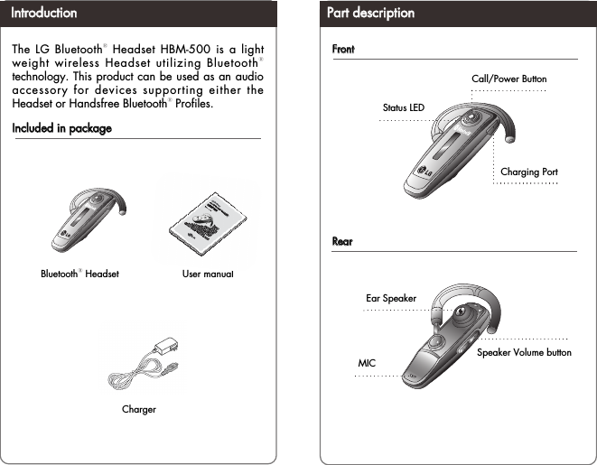 The LG BluetoothⓇHeadset HBM-500 is a lightweight wireless Headset utilizing BluetoothⓇtechnology. This product can be used as an audioaccessory for devices supporting either theHeadset or Handsfree BluetoothⓇProfiles. IInncclluuddeedd iinn ppaacckkaaggeeBluetoothⓇHeadset                      User manualChargerPPaarrtt ddeessccrriippttiioonnIInnttrroodduuccttiioonnFFrroonnttRReeaarrStatus LEDCall/Power Button  Charging PortEar SpeakerSpeaker Volume buttonMIC