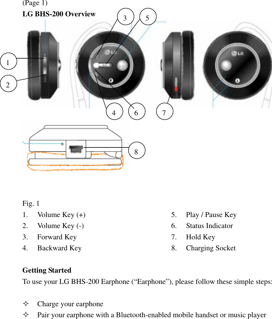 (Page 1) LG BHS-200 Overview      Fig. 1 1. Volume Key (+)      5. Play / Pause Key 2. Volume Key (-)      6. Status Indicator 3. Forward Key       7. Hold Key 4. Backward Key       8. Charging Socket  Getting Started To use your LG BHS-200 Earphone (“Earphone”), please follow these simple steps:   Charge your earphone  Pair your earphone with a Bluetooth-enabled mobile handset or music player 1 2 34 5678