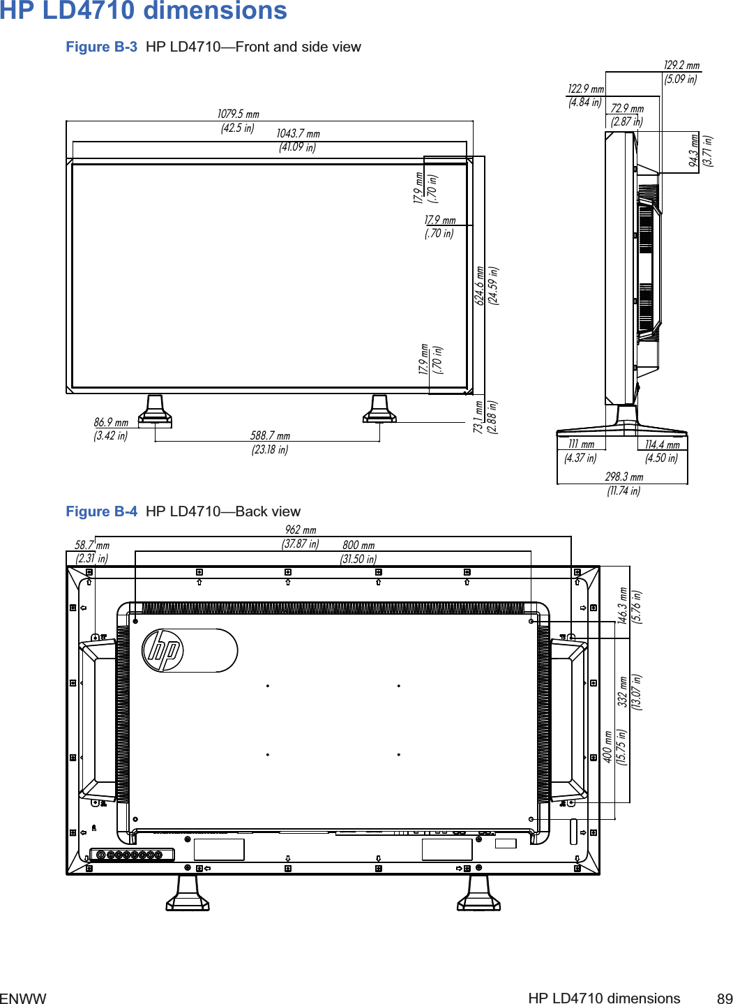 HP LD4710 dimensionsFigure B-3  HP LD4710—Front and side view1079.5 mm  (42.5 in) 1043.7 mm  (41.09 in)588.7 mm  (23.18 in)86.9 mm  (3.42 in)17.9 mm  (.70 in)17.9 mm  (.70 in)624.6 mm  (24.59 in)17.9 mm  (.70 in)73.1 mm  (2.88 in)129.2 mm  (5.09 in)122.9 mm  (4.84 in)94.3 mm  (3.71 in)111 mm  (4.37 in)114.4 mm  (4.50 in)298.3 mm  (11. 74  i n )72.9 mm  (2.87 in)Figure B-4  HP LD4710—Back view58.7 mm  (2.31 in)962 mm  (37.87 in) 800 mm  (31.50 in)146.3 mm  (5.76 in)332 mm  (13.07 in)400 mm  (15.75 in)ENWW HP LD4710 dimensions 892ndDraft