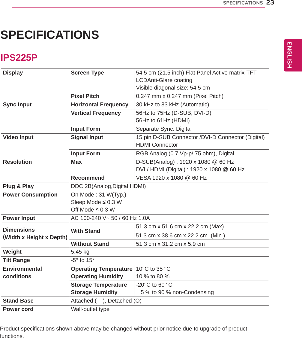 23SPECIFICATIONSSPECIFICATIONS   Product specifications shown above may be changed without prior notice due to upgrade of product functions.IPS225PDisplay Screen Type 54.5 cm (21.5 inch) Flat Panel Active matrix-TFT LCDAnti-Glare coatingVisible diagonal size: 54.5 cmPixel Pitch 0.247 mm x 0.247 mm (Pixel Pitch)Sync Input Horizontal Frequency 30 kHz to 83 kHz (Automatic)Vertical Frequency 56Hz to 75Hz (D-SUB, DVI-D)56Hz to 61Hz (HDMI)Input Form Separate Sync. DigitalVideo Input Signal Input 15 pin D-SUB Connector /DVI-D Connector (Digital)HDMI ConnectorInput Form RGB Analog (0.7 Vp-p/ 75 ohm), DigitalResolution Max D-SUB(Analog) : 1920 x 1080 @ 60 HzDVI / HDMI (Digital) : 1920 x 1080 @ 60 HzRecommend VESA 1920 x 1080 @ 60 HzPlug &amp; Play DDC 2B(Analog,Digital,HDMI)Power Consumption On Mode : 31 W(Typ.)Sleep Mode ≤ 0.3 W Off Mode ≤ 0.3 W Power Input AC 100-240 V~ 50 / 60 Hz 1.0ADimensions(Width x Height x Depth) With Stand 51.3 cm x 51.6 cm x 22.2 cm (Max)Without Stand 51.3 cm x 31.2 cm x 5.9 cmWeight 5.45 kgTilt Range -5° to 15°Environmentalconditions Operating TemperatureOperating Humidity 10°C to 35 °C10 % to 80 % Storage TemperatureStorage Humidity -20°C to 60 °C   5 % to 90 % non-CondensingStand Base Attached (    ), Detached (O)Power cord Wall-outlet type51.3 cm x 38.6 cm x 22.2 cm  (Min )ENGENGLISH