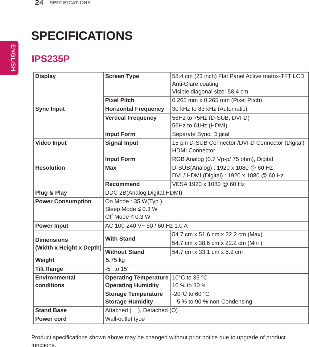 24SPECIFICATIONS SPECIFICATIONS Product specifications shown above may be changed without prior notice due to upgrade of product functions.IPS235PDisplay Screen Type 58.4 cm (23 inch) Flat Panel Active matrix-TFT LCDAnti-Glare coatingVisible diagonal size: 58.4 cmPixel Pitch 0.265 mm x 0.265 mm (Pixel Pitch)Sync Input Horizontal Frequency 30 kHz to 83 kHz (Automatic)Vertical Frequency 56Hz to 75Hz (D-SUB, DVI-D)56Hz to 61Hz (HDMI)Input Form Separate Sync. DigitalVideo Input Signal Input 15 pin D-SUB Connector /DVI-D Connector (Digital)HDMI ConnectorInput Form RGB Analog (0.7 Vp-p/ 75 ohm), DigitalResolution Max D-SUB(Analog) : 1920 x 1080 @ 60 HzDVI / HDMI (Digital) : 1920 x 1080 @ 60 HzRecommend VESA 1920 x 1080 @ 60 HzPlug &amp; Play DDC 2B(Analog,Digital,HDMI)Power Consumption On Mode : 35 W(Typ.)Sleep Mode ≤ 0.3 W Off Mode ≤ 0.3 W Power Input AC 100-240 V~ 50 / 60 Hz 1.0 ADimensions(Width x Height x Depth)With Stand 54.7 cm x 51.6 cm x 22.2 cm (Max) Without Stand 54.7 cm x 33.1 cm x 5.9 cmWeight                                5.75 kgTilt Range -5° to 15°Environmentalconditions Operating TemperatureOperating Humidity 10°C to 35 °C10 % to 80 % Storage TemperatureStorage Humidity -20°C to 60 °C   5 % to 90 % non-CondensingStand Base Attached (    ), Detached (O)Power cord Wall-outlet type 54.7 cm x 38.6 cm x 22.2 cm (Min ) ENGENGLISH