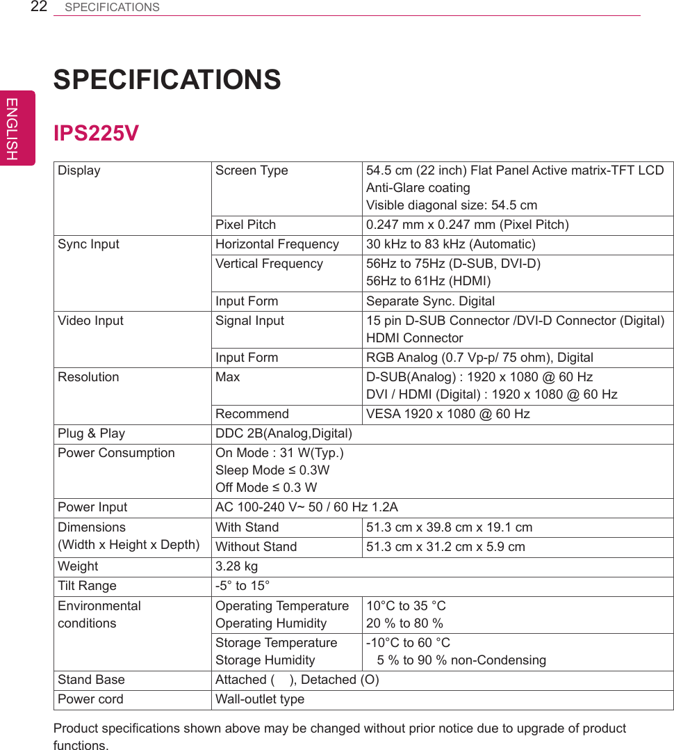 22ENGLISHSPECIFICATIONSSPECIFICATIONS IPS225VDisplay Screen Type 54.5 cm (22 inch) Flat Panel Active matrix-TFT LCDAnti-Glare coatingVisible diagonal size: 54.5 cmPixel Pitch 0.247 mm x 0.247 mm (Pixel Pitch)Sync Input Horizontal Frequency 30 kHz to 83 kHz (Automatic)Vertical Frequency 56Hz to 75Hz (D-SUB, DVI-D)56Hz to 61Hz (HDMI)Input Form Separate Sync. DigitalVideo Input Signal Input 15 pin D-SUB Connector /DVI-D Connector (Digital)HDMI ConnectorInput Form RGB Analog (0.7 Vp-p/ 75 ohm), DigitalResolution Max D-SUB(Analog) : 1920 x 1080 @ 60 HzDVI / HDMI (Digital) : 1920 x 1080 @ 60 HzRecommend VESA 1920 x 1080 @ 60 HzPlug &amp; Play DDC 2B(Analog,Digital)Power Consumption On Mode : 31 W(Typ.)Sleep Mode ≤ 0.3W Off Mode ≤ 0.3 W Power Input AC 100-240 V~ 50 / 60 Hz 1.2ADimensions(Width x Height x Depth)With Stand 51.3 cm x 39.8 cm x 19.1 cmWithout Stand 51.3 cm x 31.2 cm x 5.9 cmWeight 3.28 kgTilt Range -5° to 15°EnvironmentalconditionsOperating TemperatureOperating Humidity10°C to 35 °C20 % to 80 % Storage TemperatureStorage Humidity-10°C to 60 °C   5 % to 90 % non-CondensingStand Base Attached (    ), Detached (O)Power cord Wall-outlet typeProduct specifications shown above may be changed without prior notice due to upgrade of product functions.