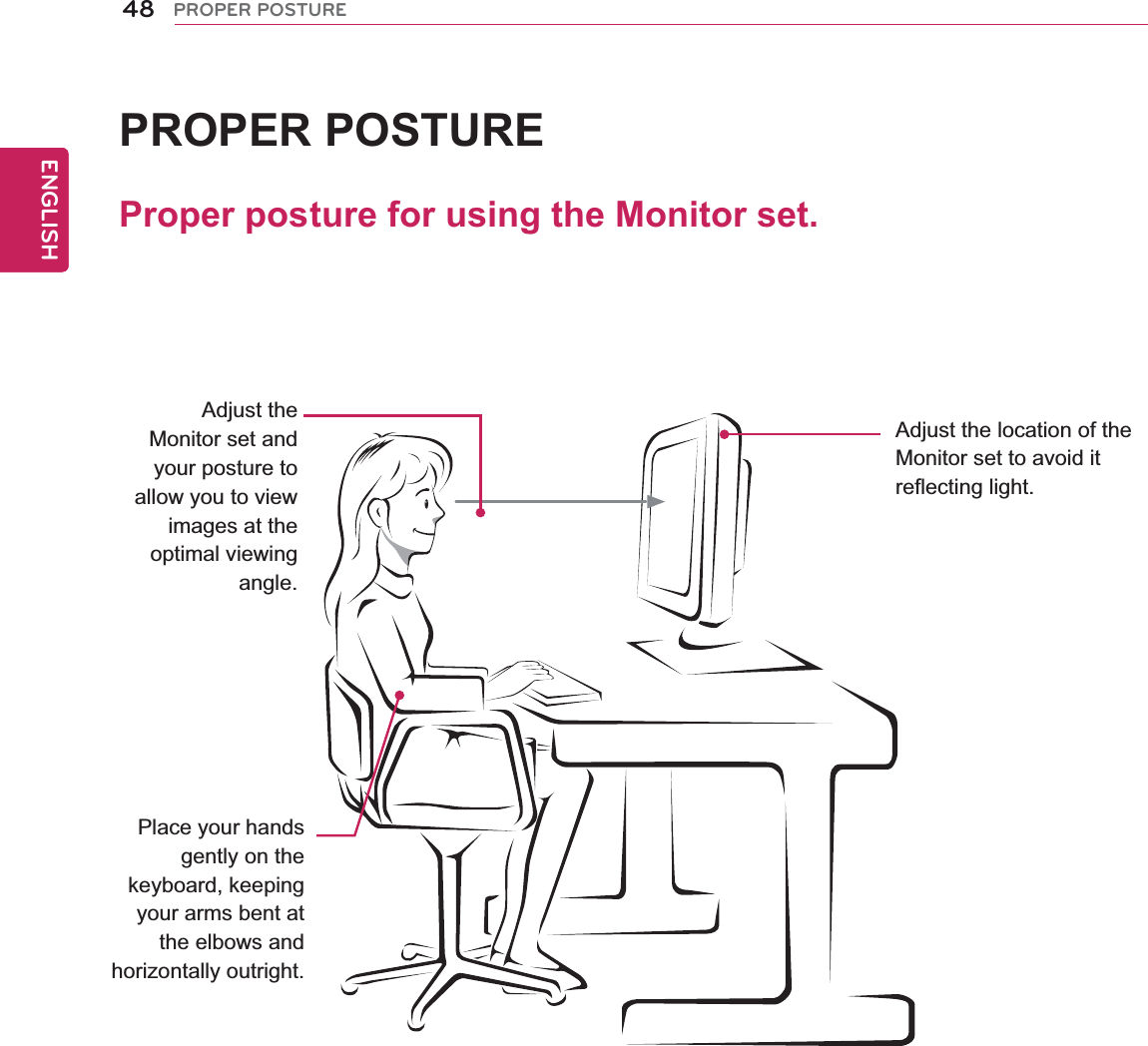 48ENGENGLISHPROPER POSTUREProper posture for using the Monitor set.PROPER POSTUREAdjust the Monitor set and your posture to allow you to view images at the optimal viewing angle.Place your hands gently on the keyboard, keeping your arms bent at the elbows and horizontally outright.Adjust the location of the Monitor set to avoid it reflecting light.