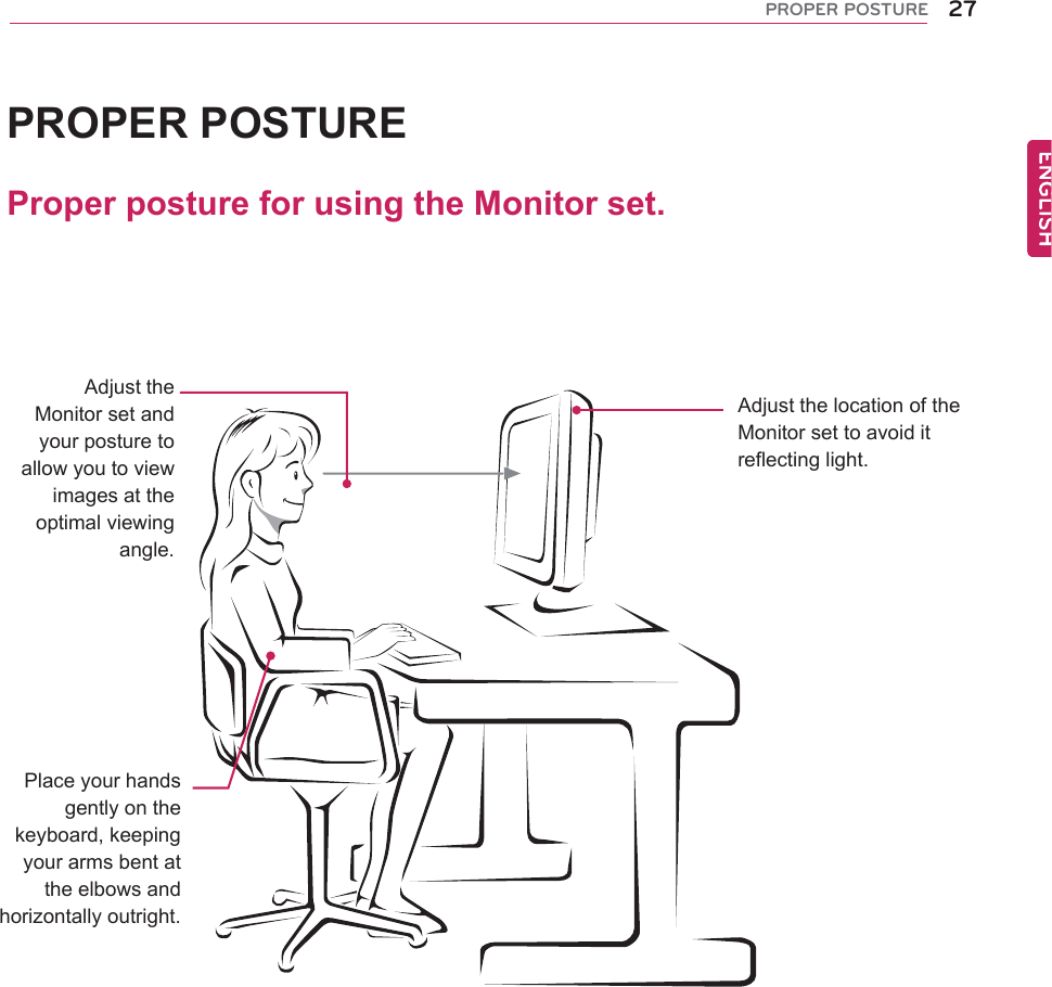îéÐÎÑÐÛÎ ÐÑÍÌËÎÛProper posture for using the Monitor set.PROPER POSTUREAdjust the Monitor set and your posture to allow you to view images at the optimal viewing angle.Place your hands gently on the keyboard, keeping your arms bent at the elbows and horizontally outright.Adjust the location of the Monitor set to avoid it reflecting light.