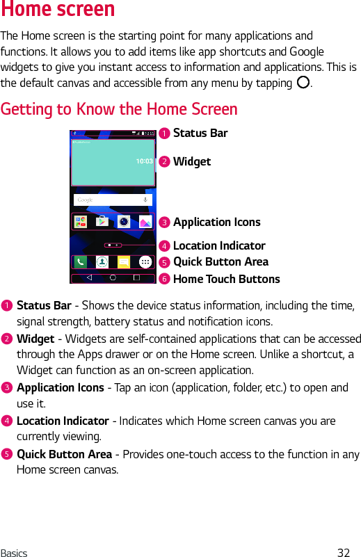 Basics 32Home screenThe Home screen is the starting point for many applications and functions. It allows you to add items like app shortcuts and Google widgets to give you instant access to information and applications. This is the default canvas and accessible from any menu by tapping  .Getting to Know the Home ScreenStatus BarApplication IconsWidgetLocation IndicatorQuick Button AreaHome Touch Buttons1623451Status Bar - Shows the device status information, including the time, signal strength, battery status and notification icons.2Widget - Widgets are self-contained applications that can be accessed through the Apps drawer or on the Home screen. Unlike a shortcut, a Widget can function as an on-screen application.3Application Icons - Tap an icon (application, folder, etc.) to open and use it.4Location Indicator - Indicates which Home screen canvas you are currently viewing.5Quick Button Area - Provides one-touch access to the function in any Home screen canvas.