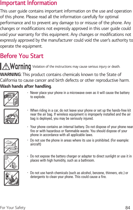 For Your Safety 84Important InformationThis user guide contains important information on the use and operation of this phone. Please read all the information carefully for optimal performance and to prevent any damage to or misuse of the phone. Any changes or modifications not expressly approved in this user guide could void your warranty for this equipment. Any changes or modifications not expressly approved by the manufacturer could void the user’s authority to operate the equipment.Before You StartViolation of the instructions may cause serious injury or death.WARNING: This product contains chemicals known to the State of California to cause cancer and birth defects or other reproductive harm. Wash hands after handling. Ţ  Never place your phone in a microwave oven as it will cause the battery to explode.Ţ  When riding in a car, do not leave your phone or set up the hands-free kit near the air bag. If wireless equipment is improperly installed and the air bag is deployed, you may be seriously injured.Ţ  Your phone contains an internal battery. Do not dispose of your phone near fire or with hazardous or flammable waste. You should dispose of your phone in accordance with all applicable laws.Ţ  Do not use the phone in areas where its use is prohibited. (For example: aircraft)Ţ  Do not expose the battery charger or adapter to direct sunlight or use it in places with high humidity, such as a bathroom.Ţ   Do not use harsh chemicals (such as alcohol, benzene, thinners, etc.) or detergents to clean your phone. This could cause a fire.
