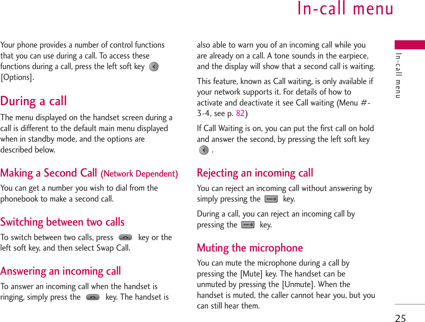In-call menu25In-call menuYour phone provides a number of control functionsthat you can use during a call. To access thesefunctions during a call, press the left soft key [Options].During a callThe menu displayed on the handset screen during acall is different to the default main menu displayedwhen in standby mode, and the options aredescribed below.Making a Second Call (Network Dependent)You can get a number you wish to dial from thephonebook to make a second call. Switching between two callsTo switch between two calls, press  key or theleft soft key, and then select Swap Call.Answering an incoming callTo answer an incoming call when the handset isringing, simply press the  key. The handset isalso able to warn you of an incoming call while youare already on a call. A tone sounds in the earpiece,and the display will show that a second call is waiting.This feature, known as Call waiting, is only available ifyour network supports it. For details of how toactivate and deactivate it see Call waiting (Menu #-3-4, see p. 82) If Call Waiting is on, you can put the first call on holdand answer the second, by pressing the left soft key.Rejecting an incoming callYou can reject an incoming call without answering bysimply pressing the  key. During a call, you can reject an incoming call bypressing the  key.Muting the microphoneYou can mute the microphone during a call bypressing the [Mute] key. The handset can beunmuted by pressing the [Unmute]. When thehandset is muted, the caller cannot hear you, but youcan still hear them.