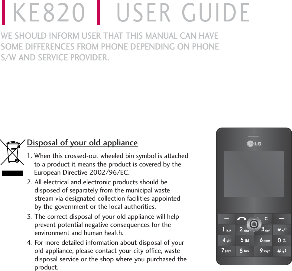 KE820 USER GUIDEWE SHOULD INFORM USER THAT THIS MANUAL CAN HAVESOME DIFFERENCES FROM PHONE DEPENDING ON PHONES/W AND SERVICE PROVIDER.Disposal of your old appliance1. When this crossed-out wheeled bin symbol is attachedto a product it means the product is covered by theEuropean Directive 2002/96/EC.2. All electrical and electronic products should bedisposed of separately from the municipal wastestream via designated collection facilities appointedby the government or the local authorities.3. The correct disposal of your old appliance will helpprevent potential negative consequences for theenvironment and human health.4. For more detailed information about disposal of yourold appliance, please contact your city office, wastedisposal service or the shop where you purchased theproduct.abcdefjklghimnotuvpqrswxyz
