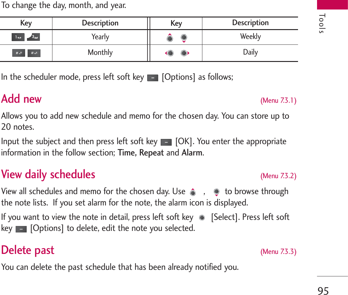 95To change the day, month, and year.In the scheduler mode, press left soft key [Options] as follows;Add new (Menu 7.3.1)Allows you to add new schedule and memo for the chosen day. You can store up to20 notes.Input the subject and then press left soft key [OK]. You enter the appropriateinformation in the follow section; Time, Repeatand Alarm. View daily schedules (Menu 7.3.2)View all schedules and memo for the chosen day. Use  ,  to browse throughthe note lists.  If you set alarm for the note, the alarm icon is displayed.If you want to view the note in detail, press left soft key [Select]. Press left softkey [Options] to delete, edit the note you selected.Delete past (Menu 7.3.3)You can delete the past schedule that has been already notified you.ToolsKey DescriptionYearlyMonthlyWeeklyDailydefKey Description